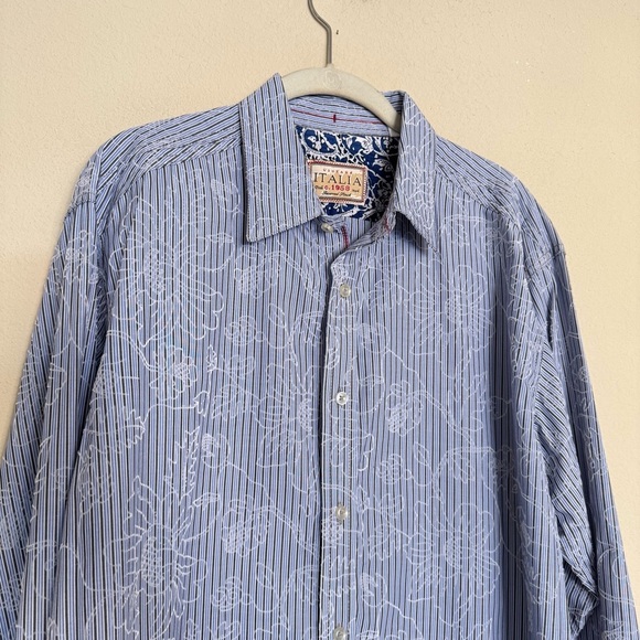 Vintage Italia c. 1958 Shirt Size L Blue White Floral Long Sleeve Button-Up - Picture 4 of 16